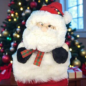 Vintage 1990s Santa Plush Stocking Furry Santa Face Gold Glasses Plaid Bow 26"